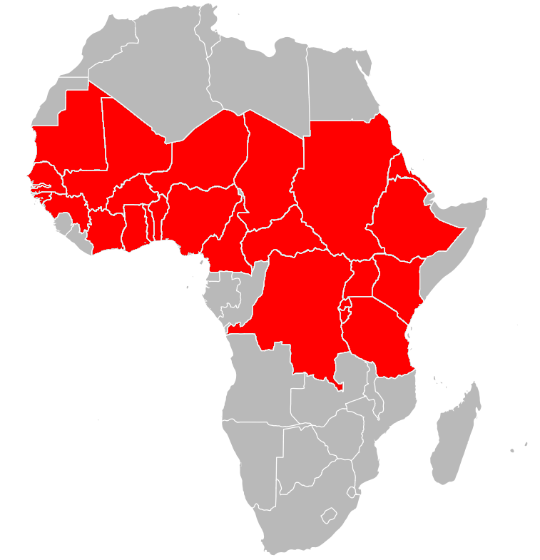 Map of Africa with the countries of the meningitis belt in red