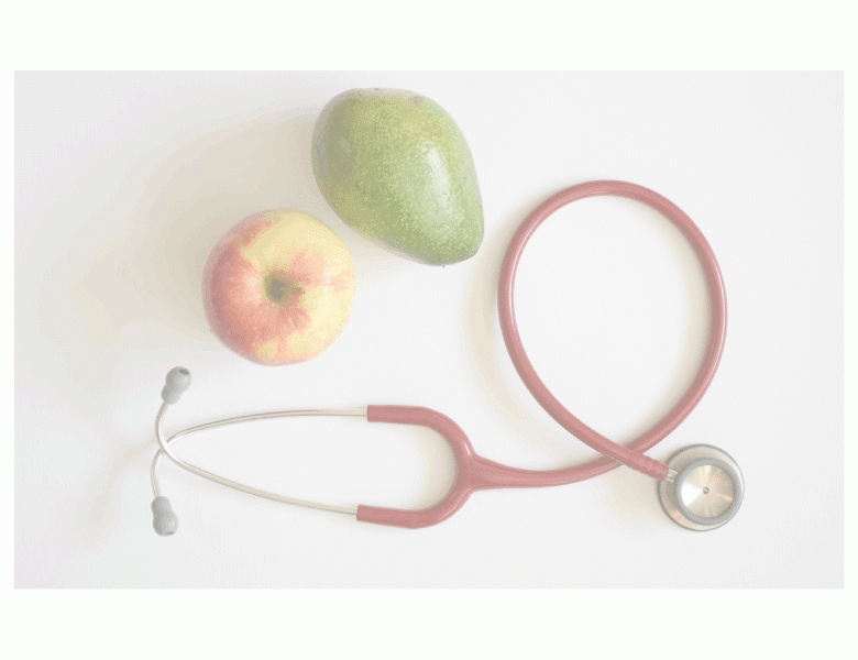 stethoscope, apple and avocado