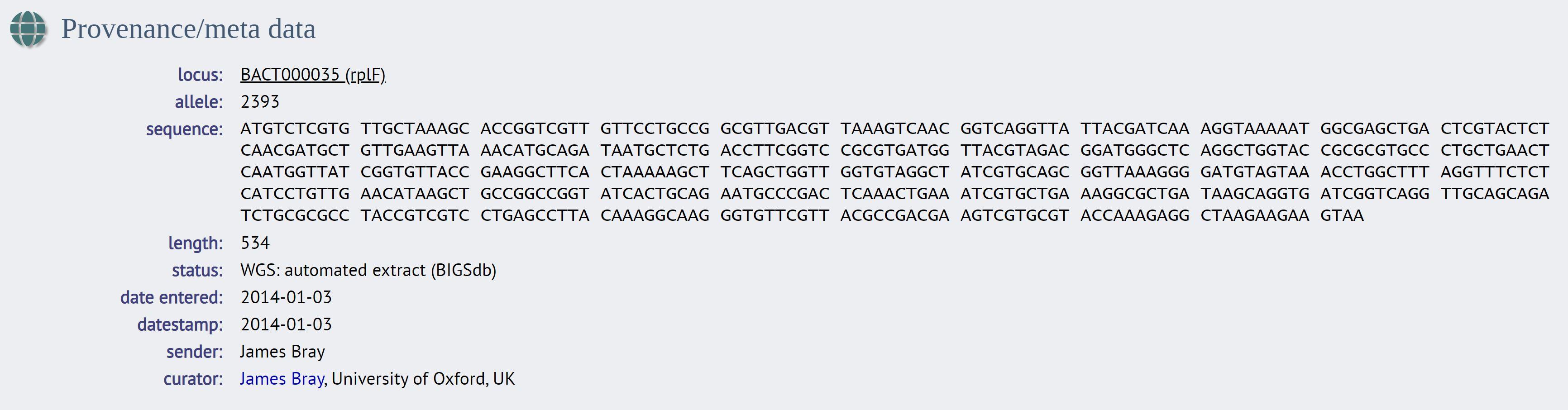  An example of the rplF gene (also called BACT000035), showing the allele number 2393